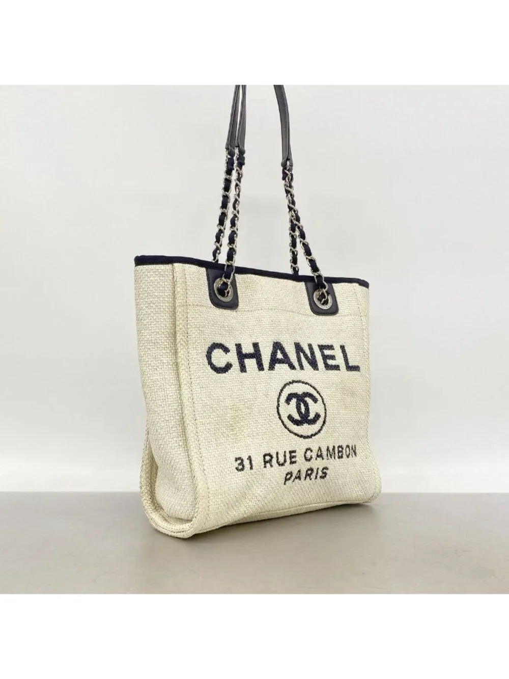 Chanel Chain Tote Bag Deauville Raffia Ivory Navy Silver